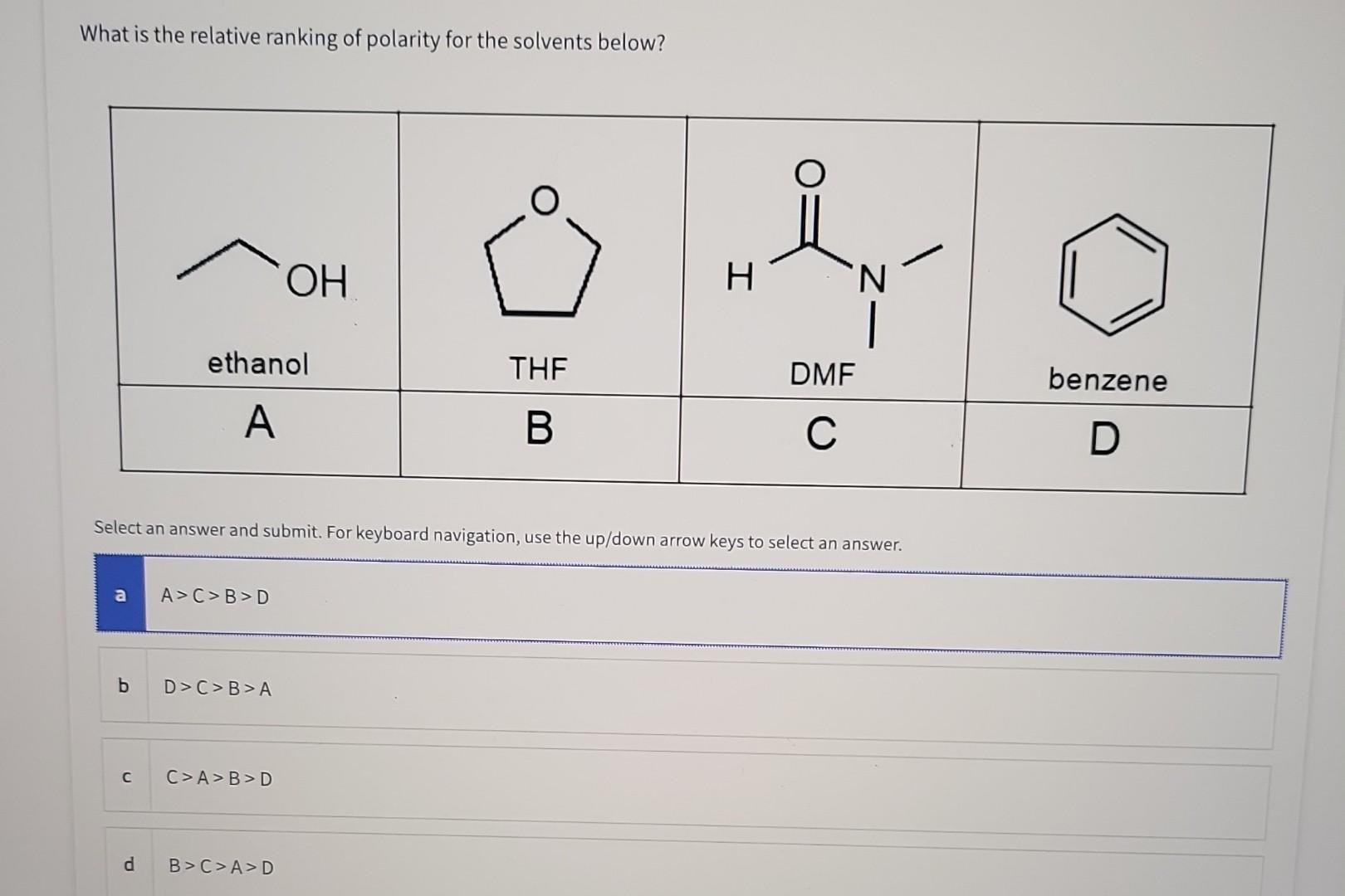 What is the relative ranking of polarity for the solvents below?
Select an answer and submit. For keyboard navigation, use th