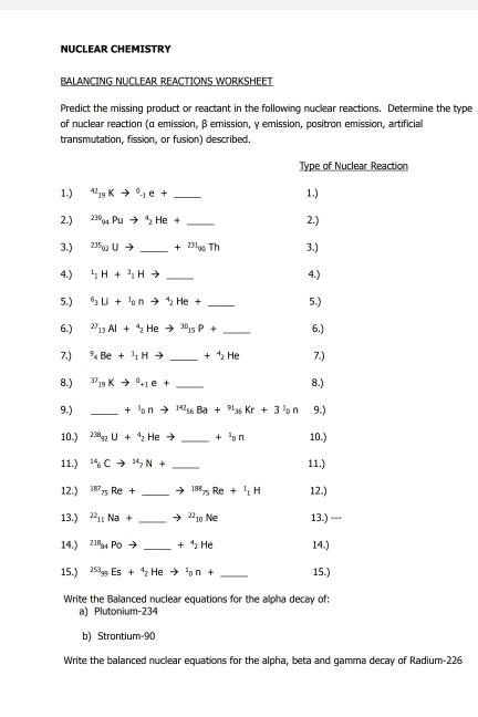 Nuclear Chemistry Balancing Nuclear Reactions Chegg 