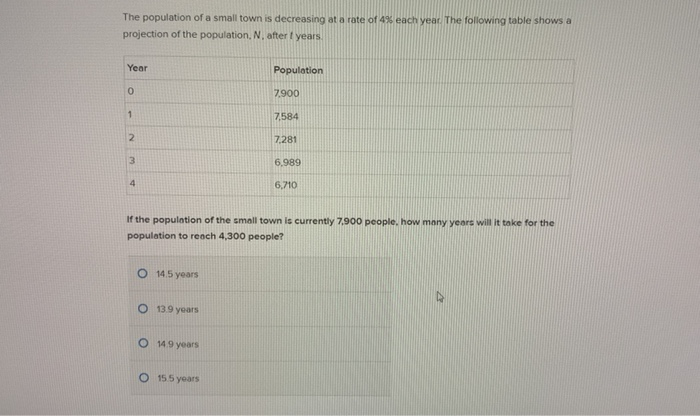Solved The population of a small town is decreasing at a | Chegg.com