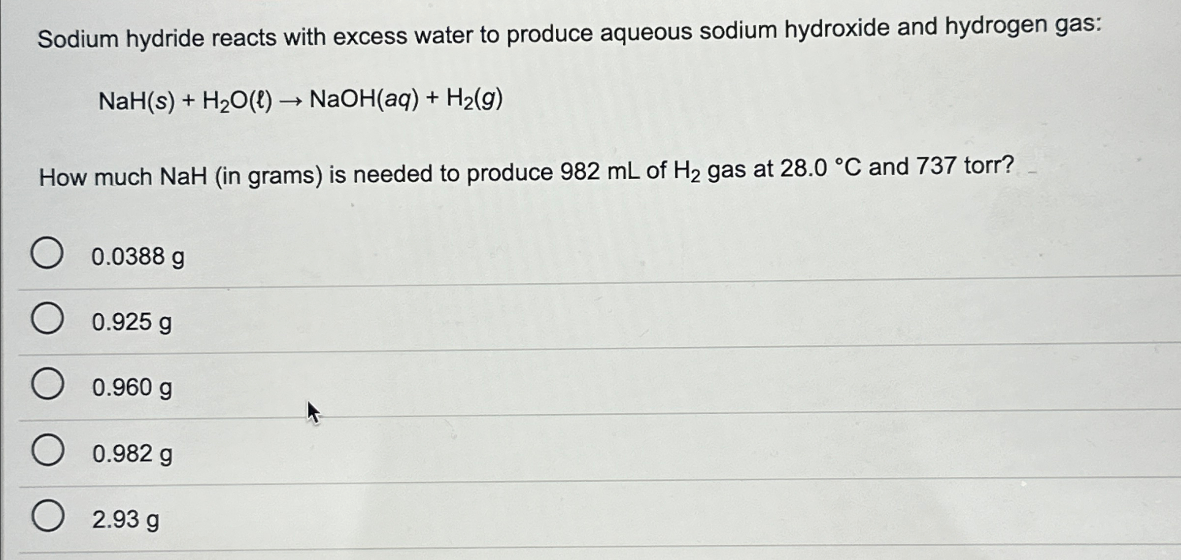 Sodium hydride reacts with excess water to produce | Chegg.com