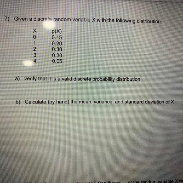 Solved 7) Given a discrete random variable X with the | Chegg.com