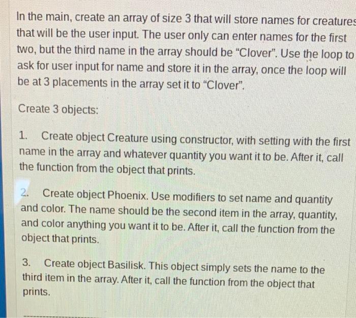 Solved In the main, create an array of size 3 that will | Chegg.com
