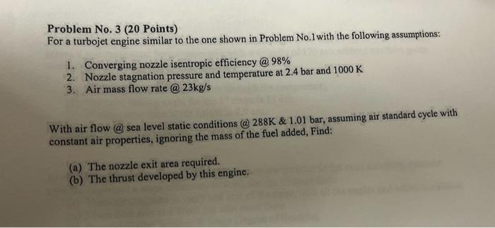 Solved Problem No. 3 (20 Points) For a turbojet engine | Chegg.com