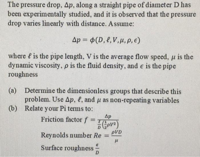 Solved The pressure drop, Δp, along a straight pipe of | Chegg.com