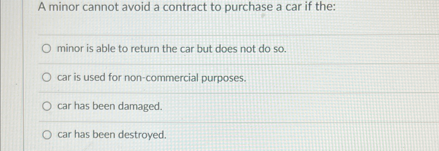 Solved A minor cannot avoid a contract to purchase a car if