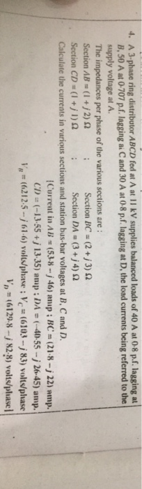 Solved 4. A 3-phase ring distributor ABCD fed at A at 11 kV | Chegg.com