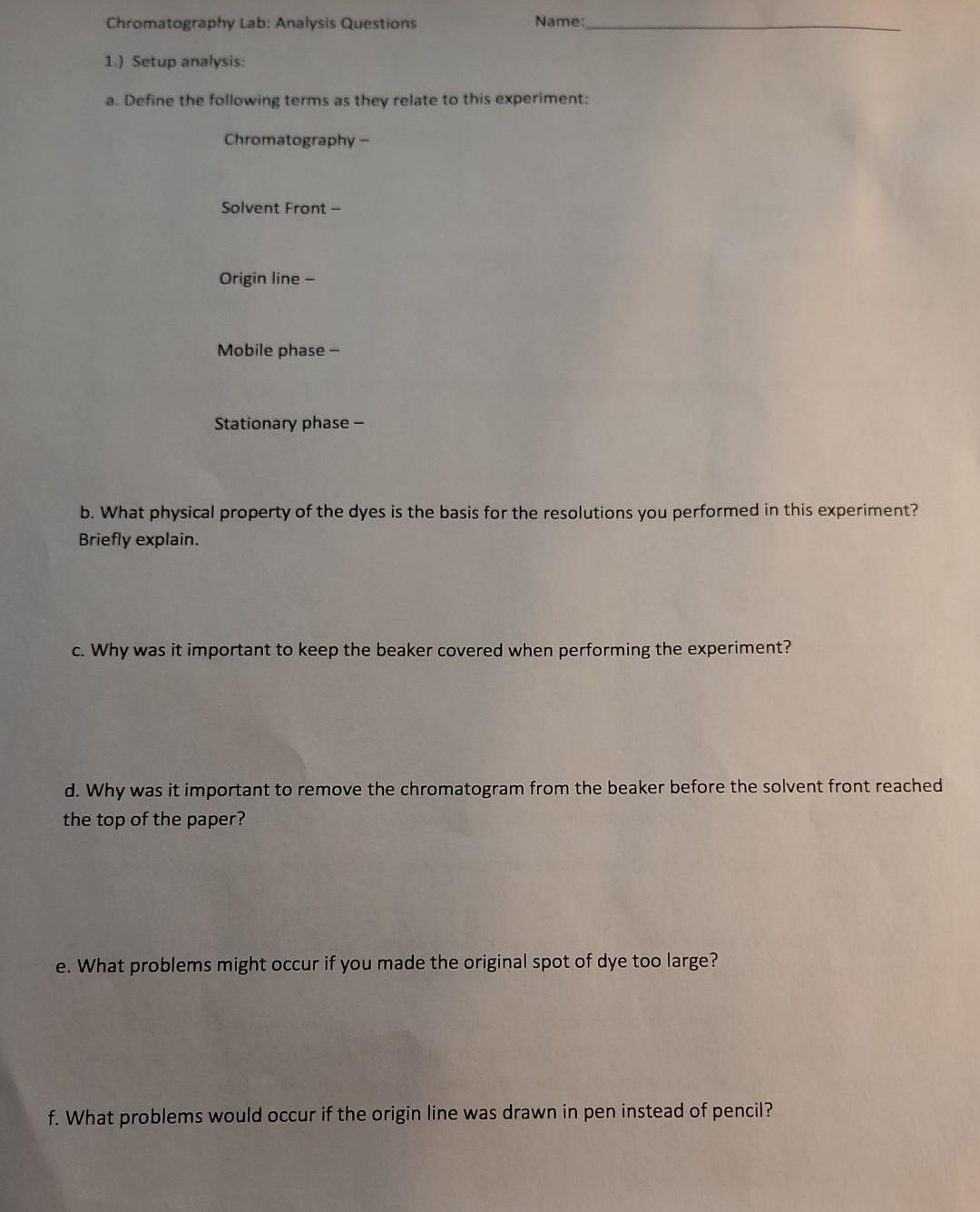 Solved Chromatography Lab Analysis Questions Name 1.)