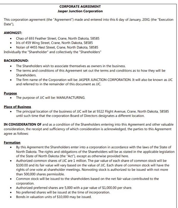 CORPORATE AGREEMENT
Jasper Junction Corporation
This corporation agreement (the Agreement) made and entered into this 6 day