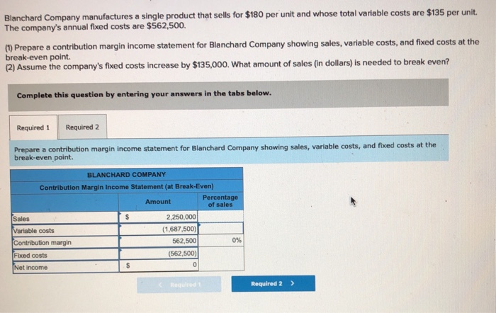 Blanchard Company Manufactures A Single Product That Sells For 180