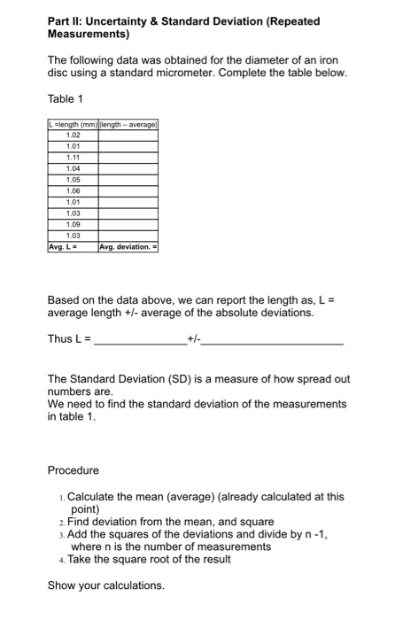 Solved Part II: Uncertainty & Standard Deviation (Repeated | Chegg.com