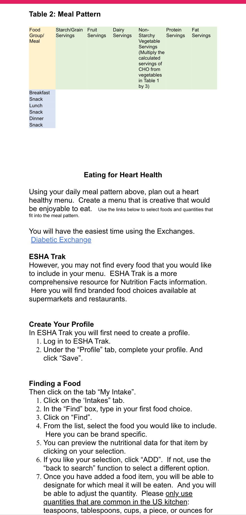 Solved Eating for Heart HealthUsing your daily meal pattern | Chegg.com