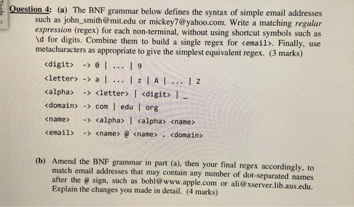 Solved Tools 5 Question 4: (a) The BNF Grammar Below Defines | Chegg.com