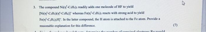 Solved 3. The compound Ni(η5−C5H5)2 readily adds one | Chegg.com