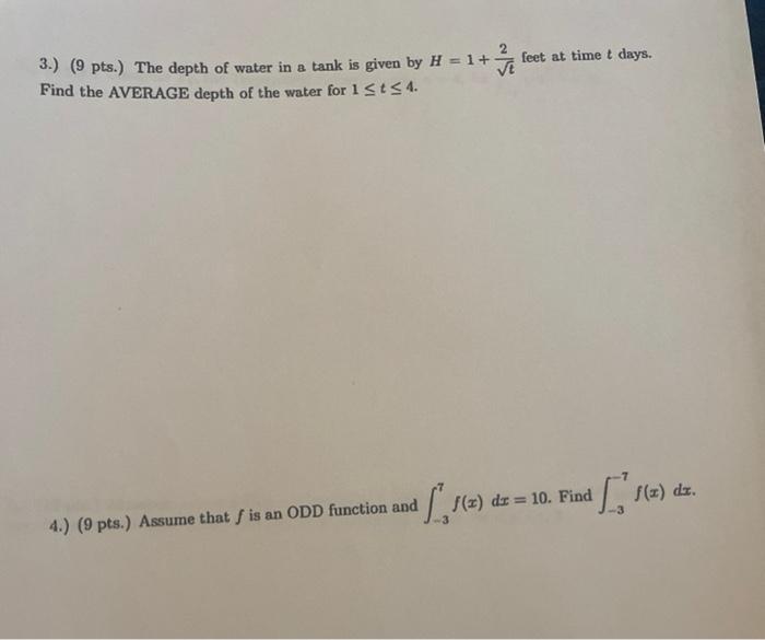 Solved 3.) (9 pts.) The depth of water in a tank is given by | Chegg.com