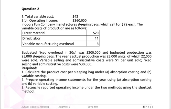 Solved 8 Question 2 1. Total Variable Cost: $42 2(b). | Chegg.com