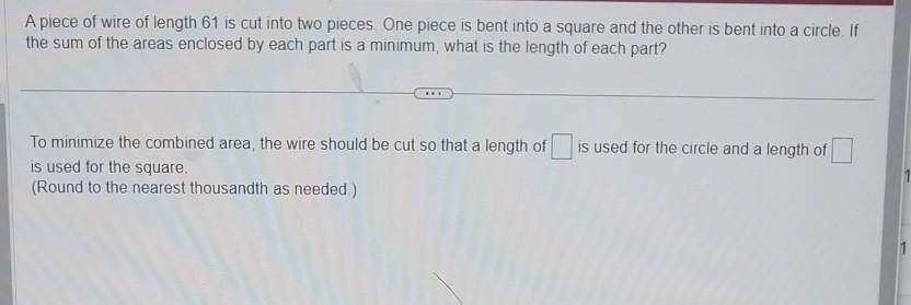 Solved A piece of wire of length 61 is cut into two pieces. | Chegg.com
