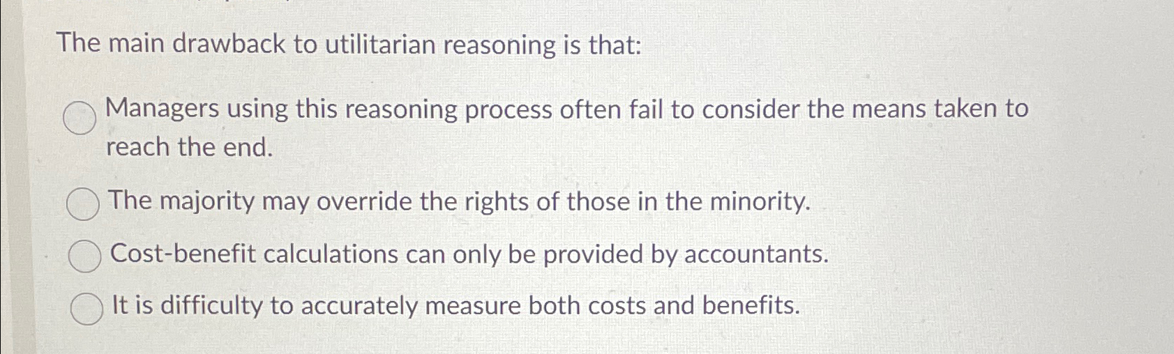Solved The main drawback to utilitarian reasoning is | Chegg.com
