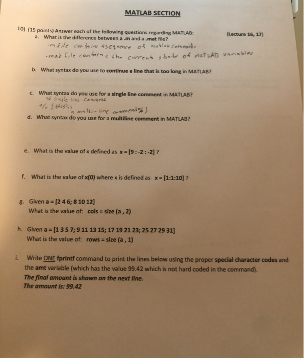 Solved MATLAB SECTION 10) (15 points) Answer each of the | Chegg.com