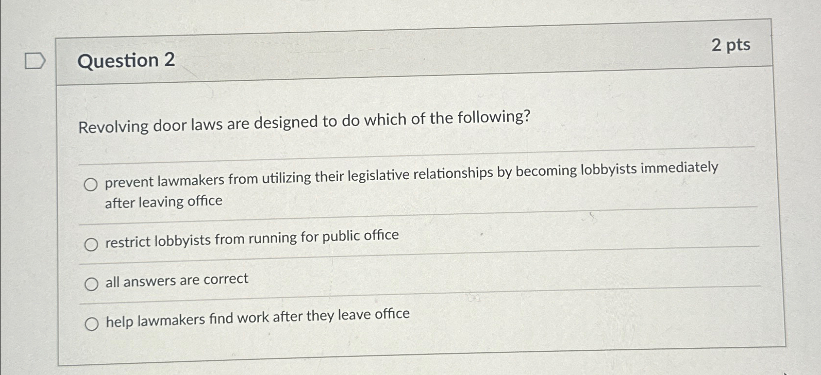 Solved Question 22 ﻿ptsRevolving door laws are designed to
