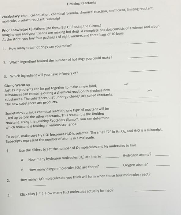 Solved Limiting Reactants Vocabulary: chemical equation, | Chegg.com