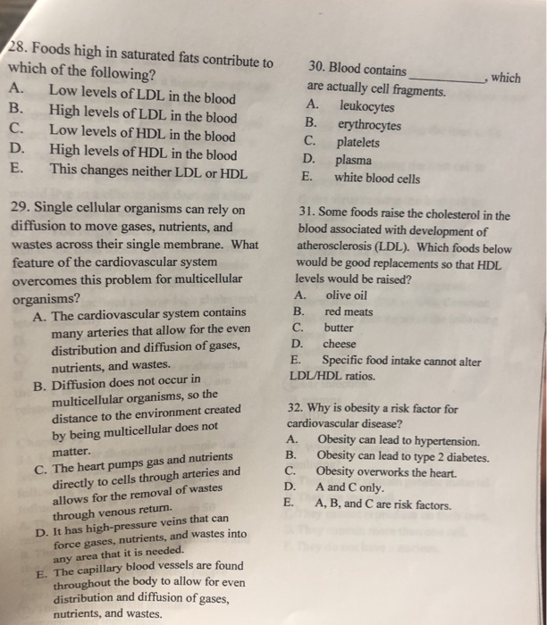 Solved 28. Foods high in saturated fats contribute to which