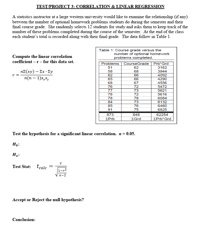 Solved TEST/PROJECT 3: CORRELATION & LINEAR REGRESSION A | Chegg.com