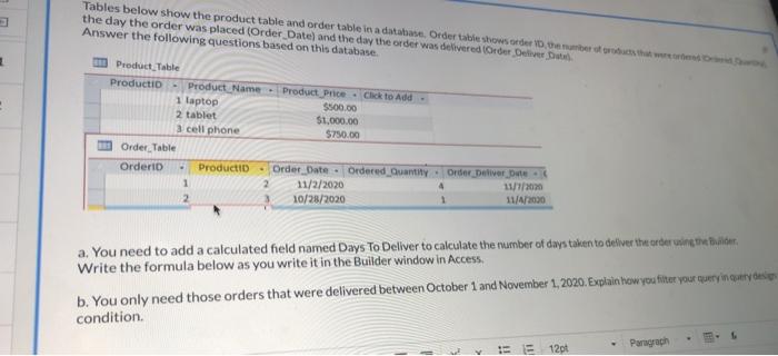 Solved Tables below show the product table and order table | Chegg.com