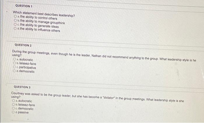 Solved QUESTION 1 Which statement best describes leadership? | Chegg.com