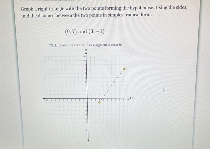 Graph a right triangle with the two points forming the hypotenuse. Using the sides, find the distance between the two points 