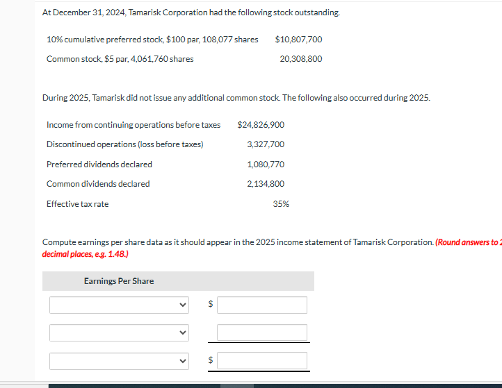 Solved At December 31, 2024, ﻿Tamarisk Corporation had the | Chegg.com