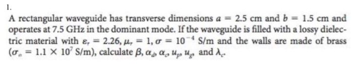 Solved A rectangular waveguide has transverse dimensions a = | Chegg.com