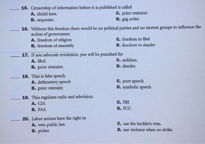 Solved 15. Censorship of information before it is published | Chegg.com