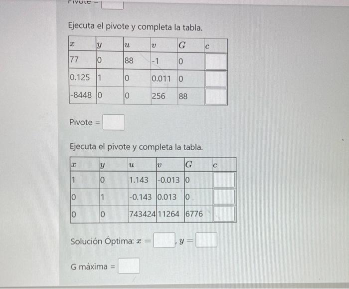 Ejecuta el pivote y completa la tabla. Pivote \( = \) Ejecuta el pivote y completa la tabla. Solución Óptima: \( x=\quad y= \