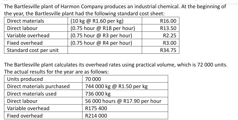 Solved The Bartlesville plant of Harmon Company produces an