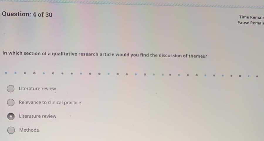 Question: 4 of 30 Time Remair Pause Remair In which section of a qualitative research article would you find the discussion o