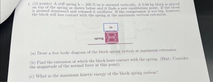 Solved 1. (15 points) A stiff spring k=400 N/m is oriented | Chegg.com
