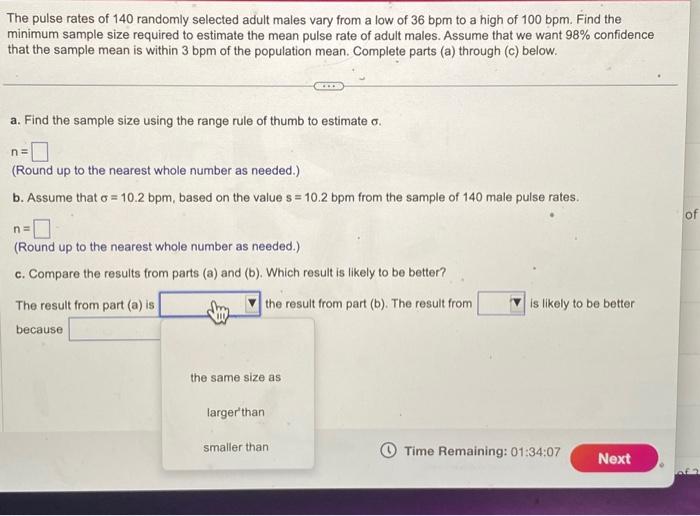 Solved The Pulse Rates Of 140 Randomly Selected Adult Males | Chegg.com