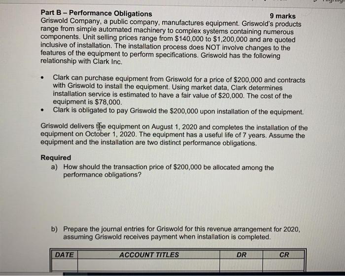 Solved Part B - Performance Obligations 9 Marks Griswold | Chegg.com