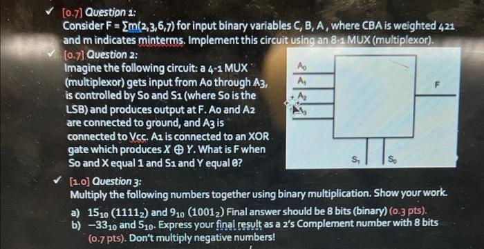 Solved [0.7] Question 1: Consider F=∑m(2,3,6,7) For Input | Chegg.com