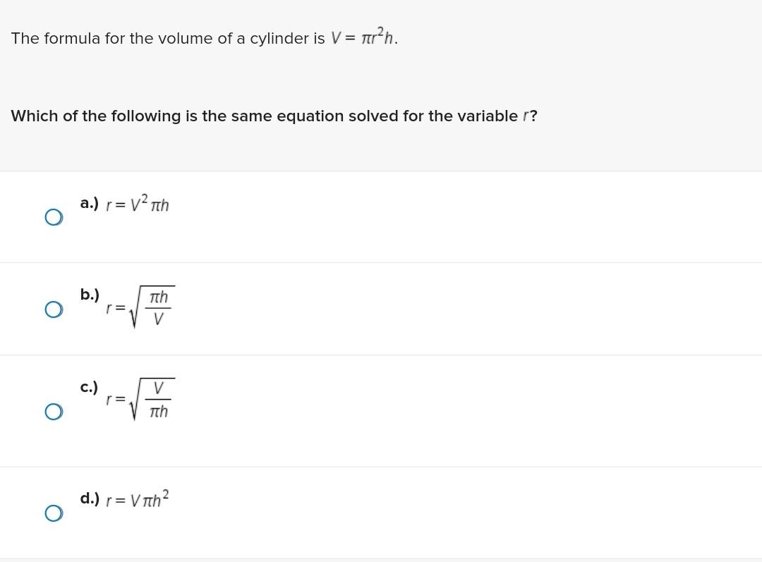 Volume Formula Solve For R Solved The formula for the volume of a cylinder is V = | Chegg.com