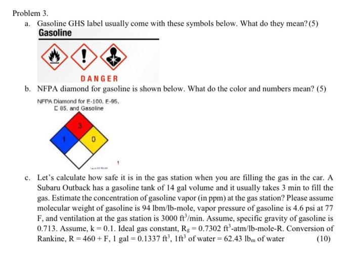 Problem 3.
a. Gasoline GHS label usually come with these symbols below. What do they mean? (5)
Gasoline
DANGER
b. NFPA diamon