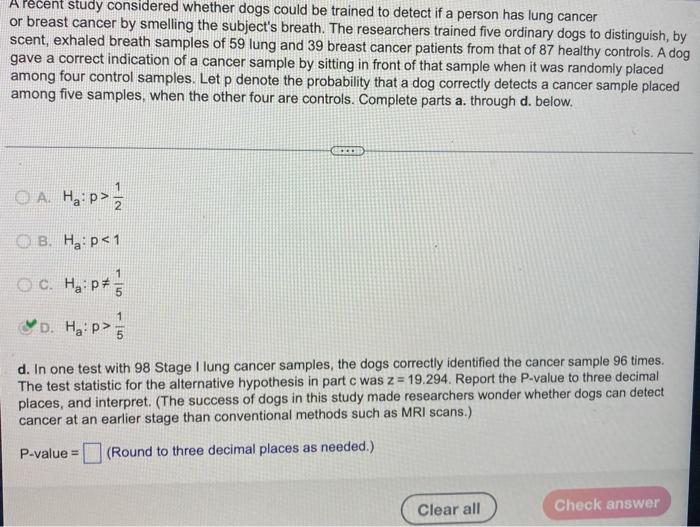 Solved A Pécent study considered whether dogs could be | Chegg.com