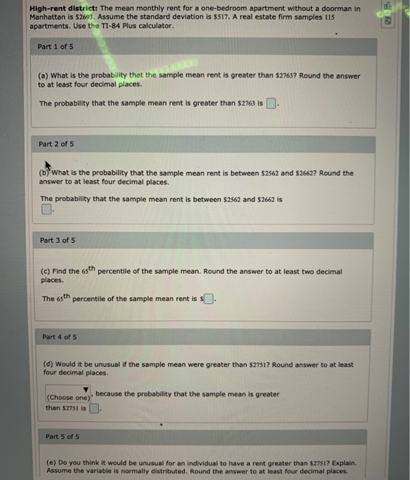 Solved Highrent district The mean monthly rent for a