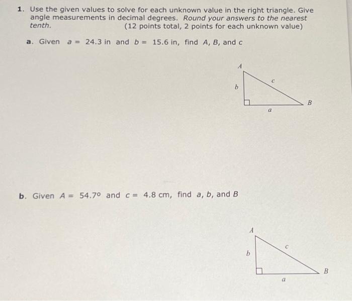 Solved 1. Use the given values to solve for each unknown | Chegg.com