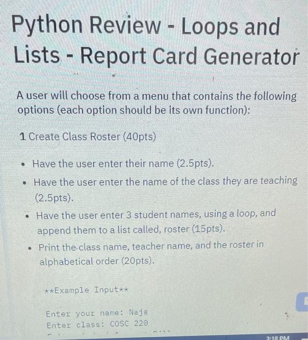Solved Python Review - Loops and Lists - Report Card | Chegg.com