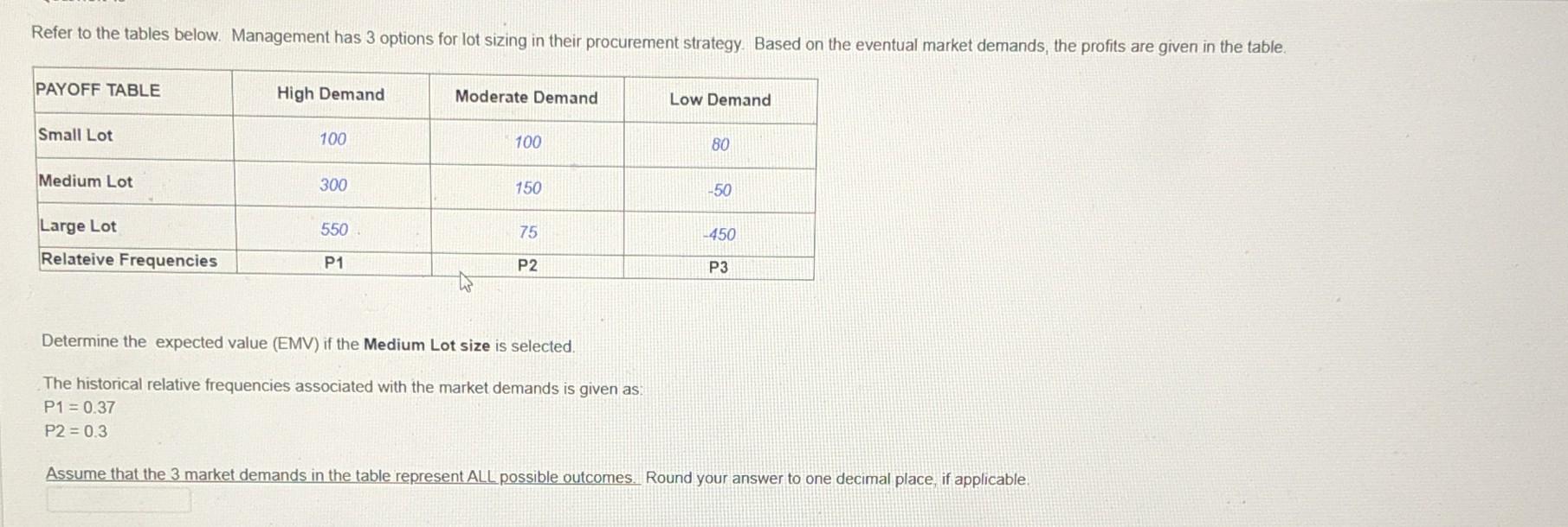 Solved Determine the expected value (EMV) if the Medium Lot | Chegg.com