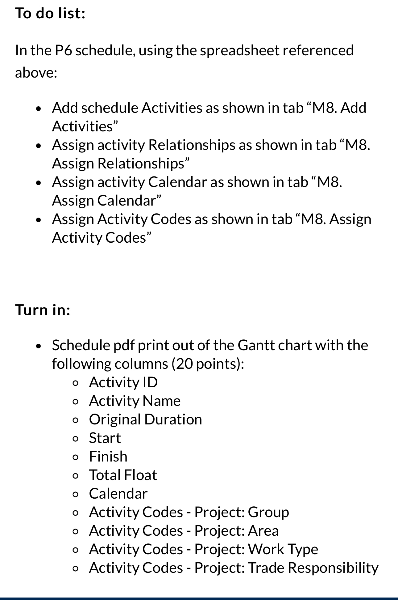 Solved To do list:In the P6 ﻿schedule, using the spreadsheet | Chegg.com