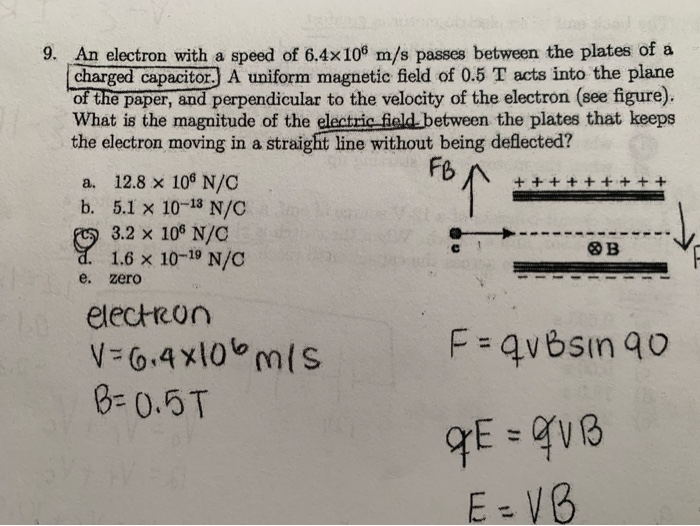 Solved 9. An electron with a speed of 6.4x106 m/s passes | Chegg.com