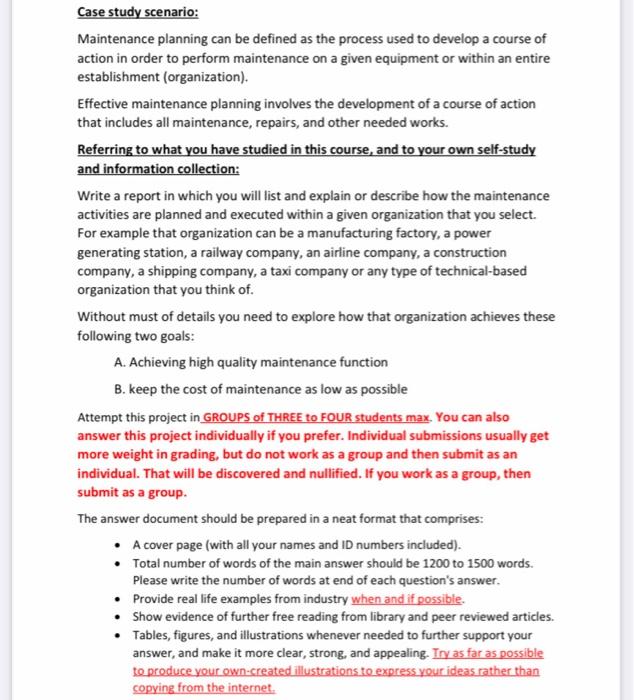 Solved Case study scenario: Maintenance planning can be | Chegg.com
