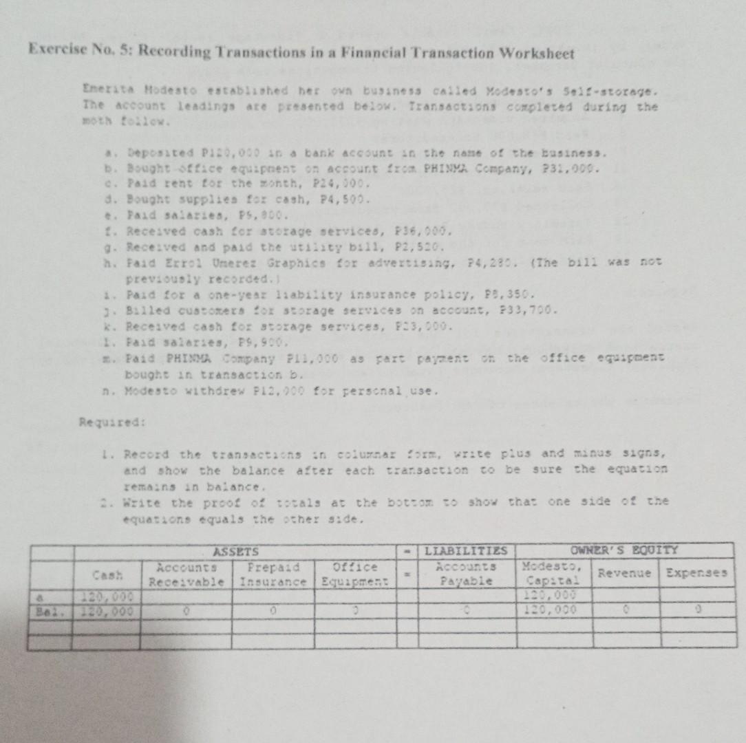 Solved Exercise No. 5: Recording Transactions in a Financial | Chegg.com